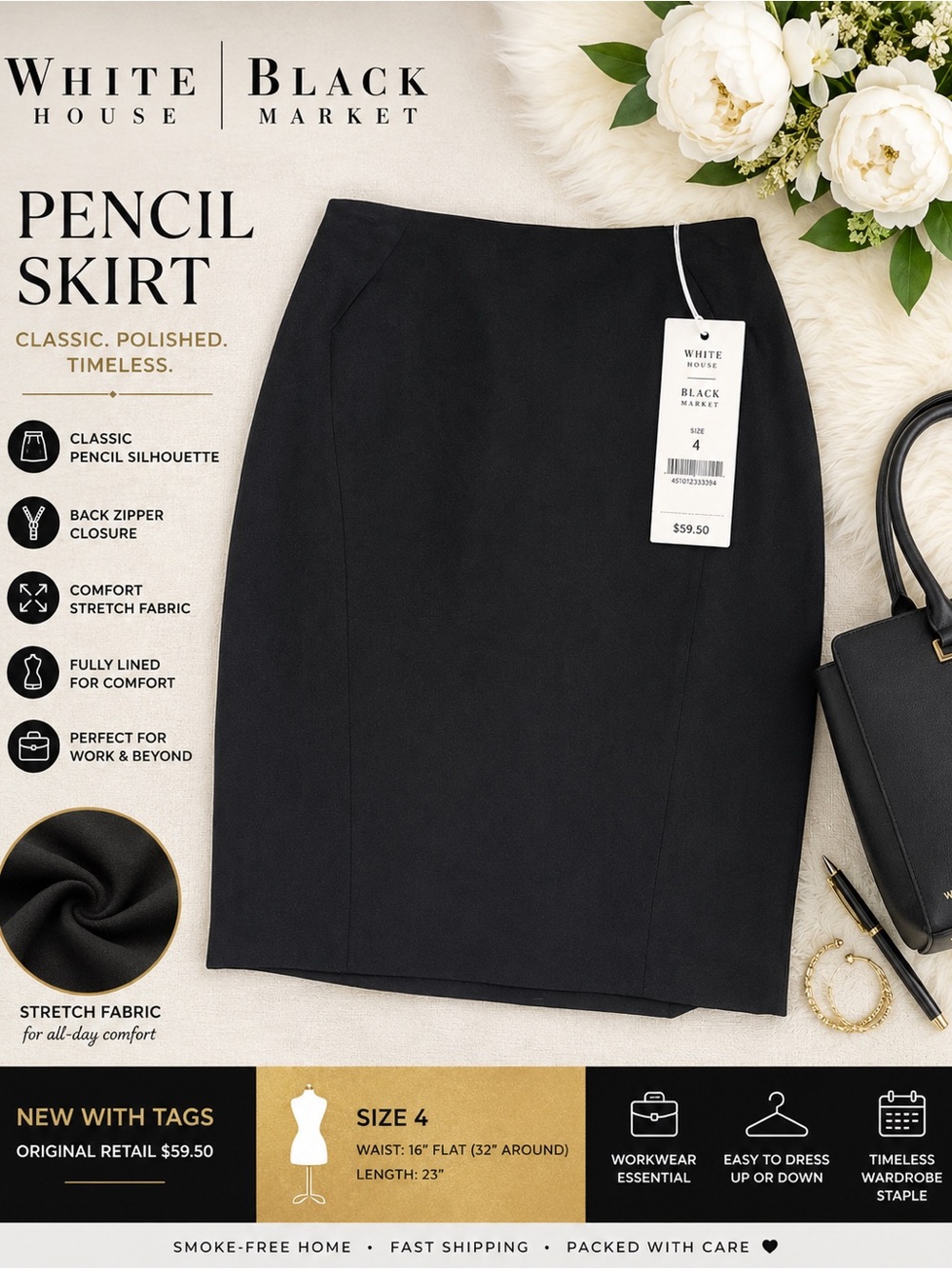 White House Black Market Black Pencil Skirt NWT Size 4 Career Stretch
